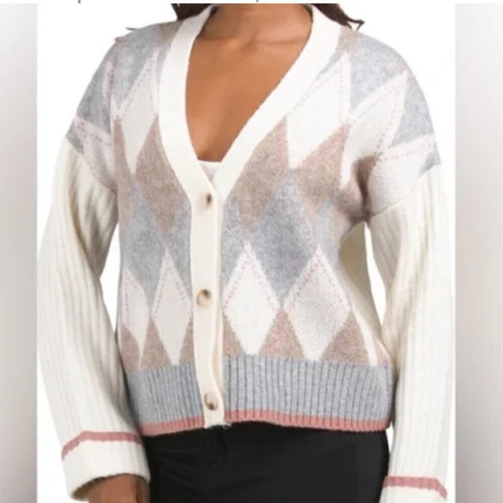 Rachel Zoe SZM Argyle button front boxy cardigan Classic Preppy Academia Office